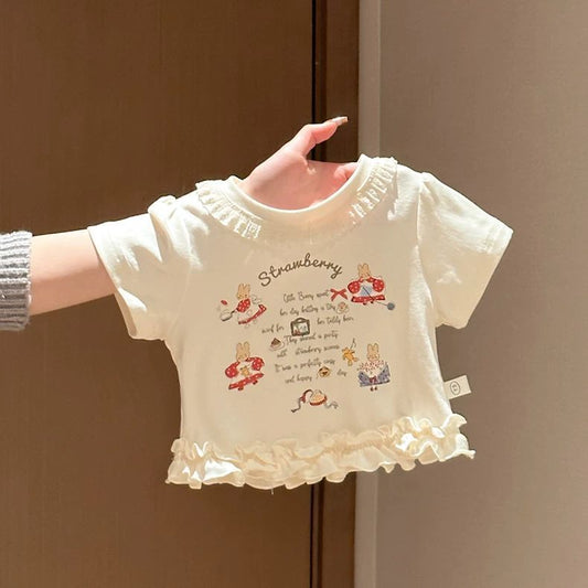 Children's Wooden Ear Clothing Sweet Cute Cartoon Short Children's T-shirt