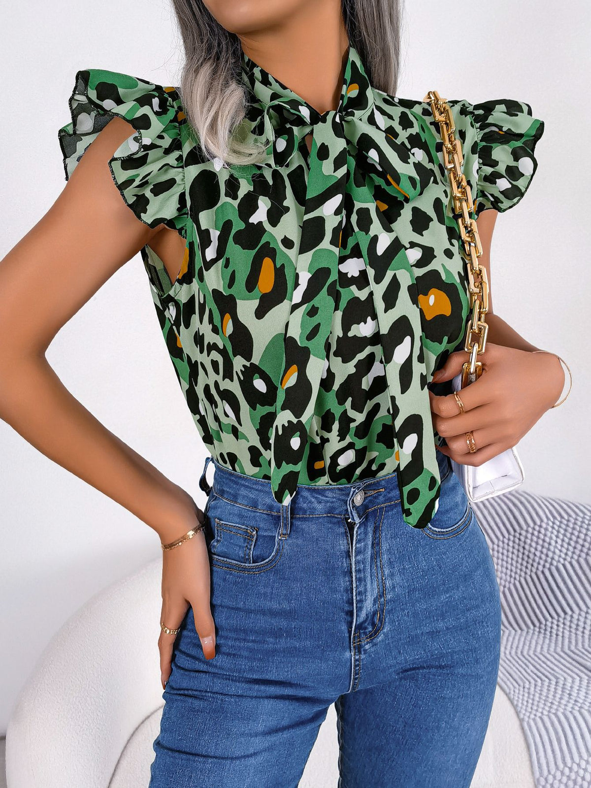 Women's Casual Leopard Print Stringy Seedge Lace Shirt, Chiffon Shirt
