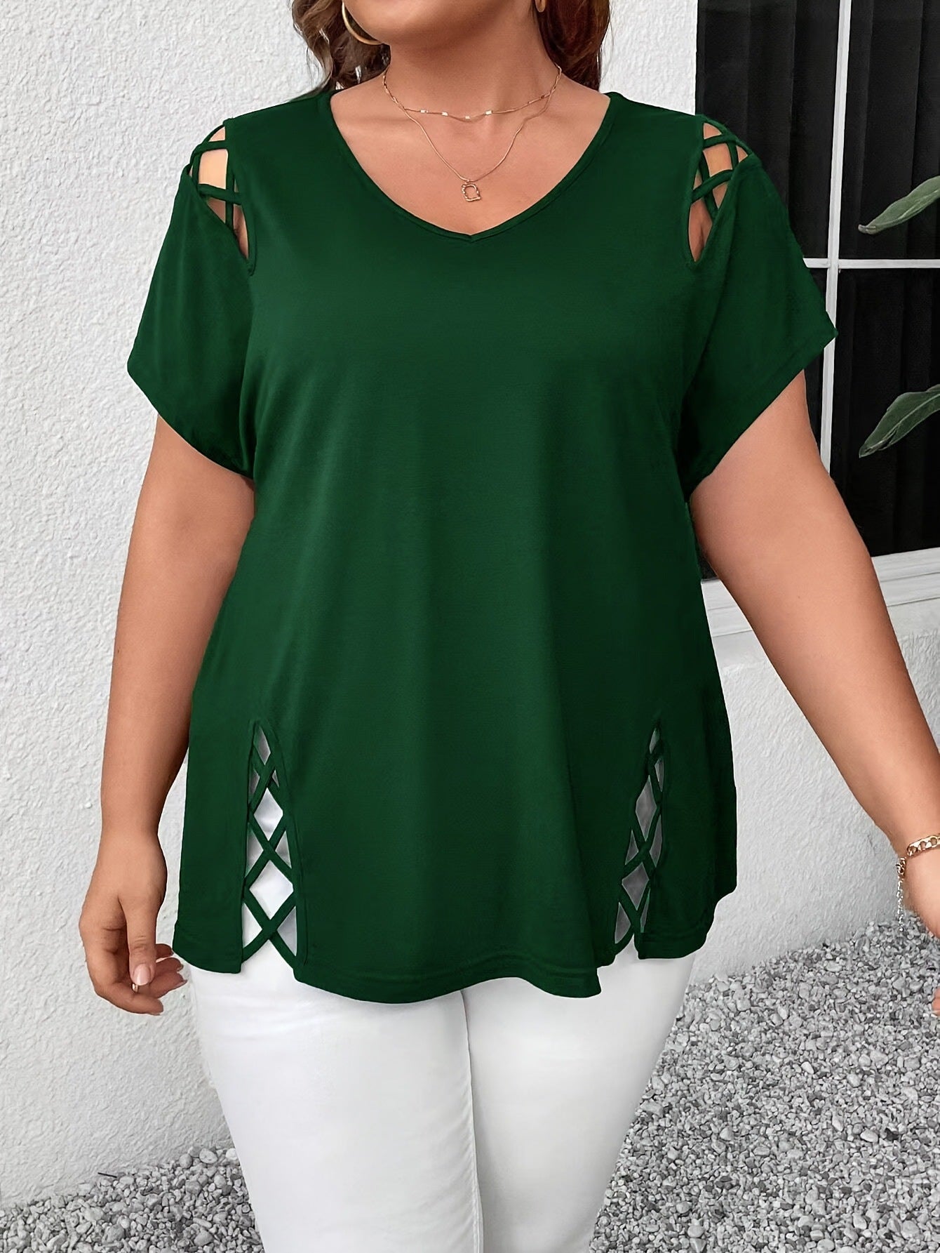 Women's Summer Solid Color Cross Sleeve Slimming Large Size T-shirt