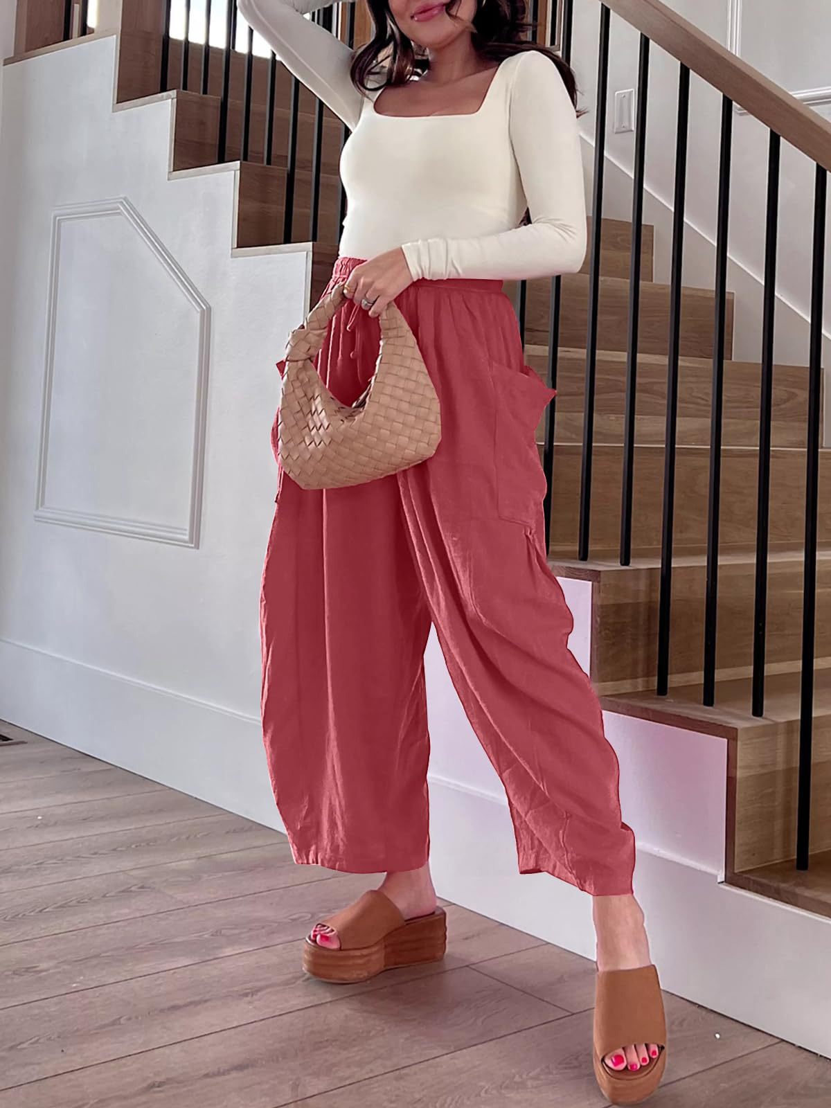 Women's Waist High Wide Leg Loose Cotton Linen Trousers Pants