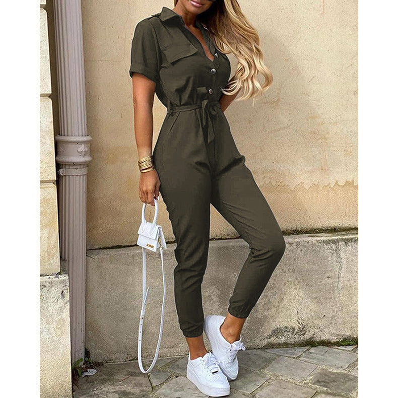 Women's Summer Trousers Lapel Button Printed Belt Casual Pants