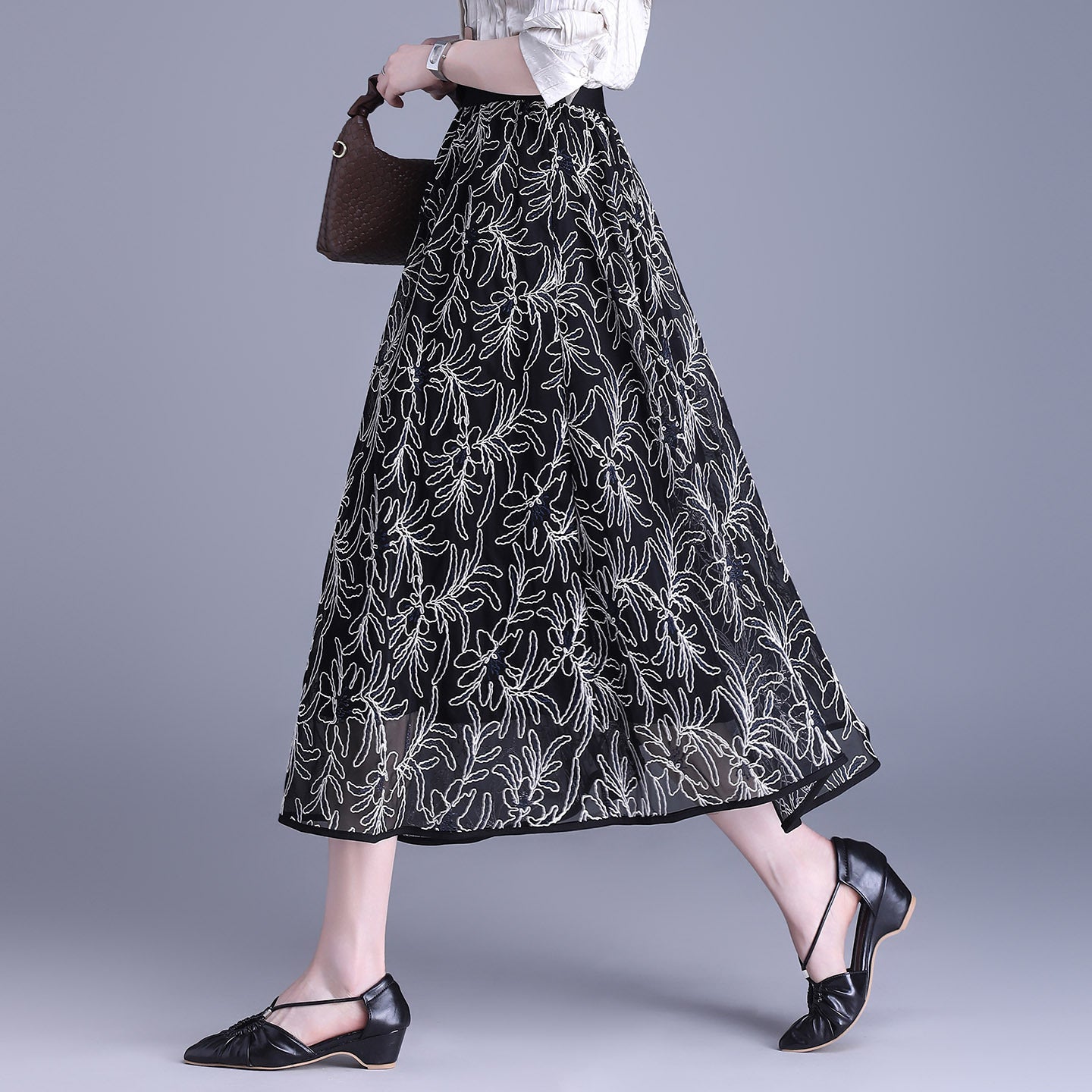Women's Korean Style Printed Two-sided Wear Mesh Autumn Mid-length High Waist Skirt