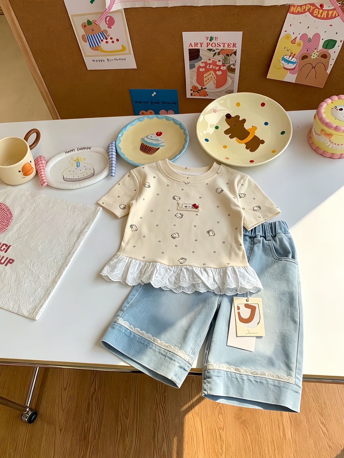 Summer Korean Style Fashionable Floral Stitching Lace Short Sleeve Children's T-shirt