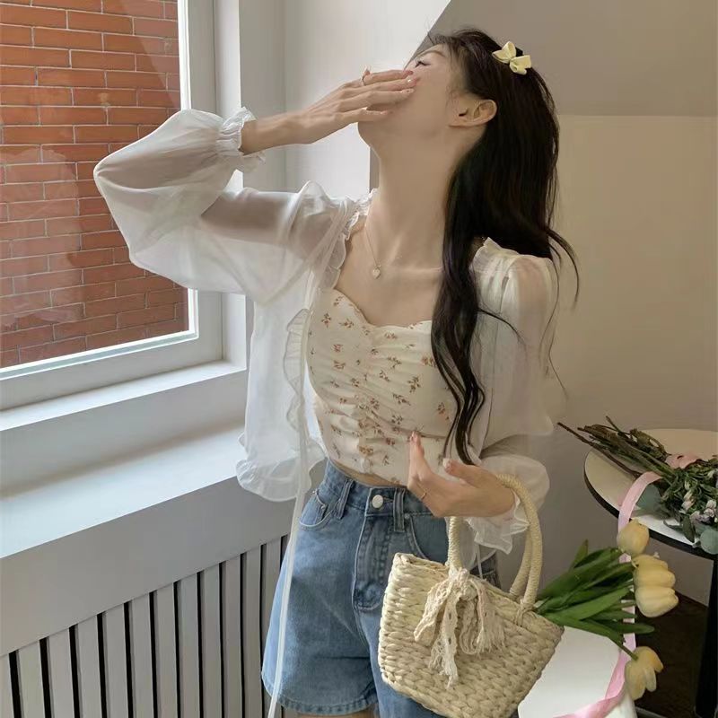 Women's Sun Protection Outer Wear Shawl Summer Thin Bow Lace Shirt, Chiffon Shirt
