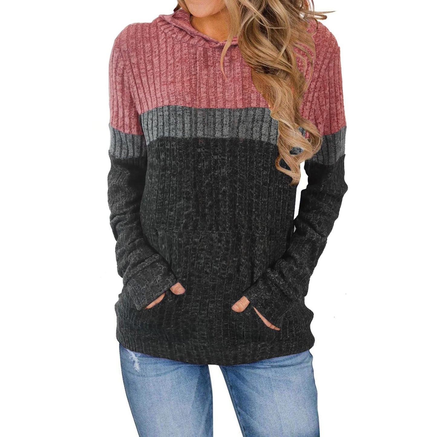 Women's Casual Contrast Color Pocket Stitching Hooded Large Size T-shirt