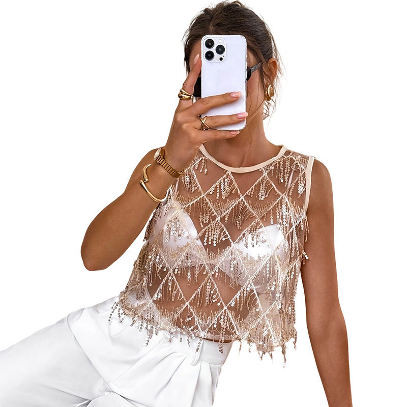 Women's Sexy Tassel Sequined Round Neck Party Holiday Summer Small Vest/suspenders/tube Top