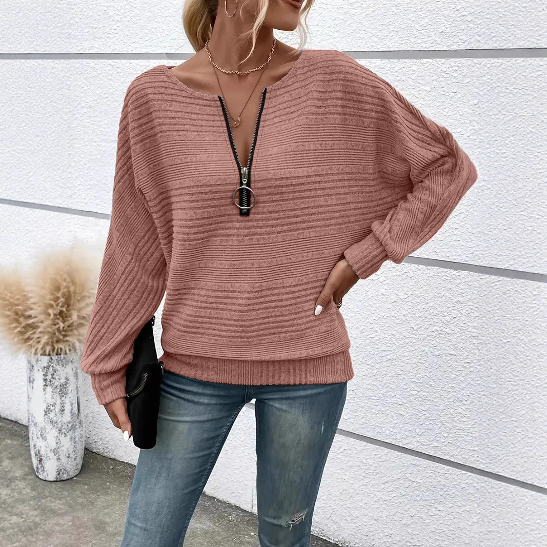 Women's Casual Solid Color Long Sleeve Zipper Women's T-shirt