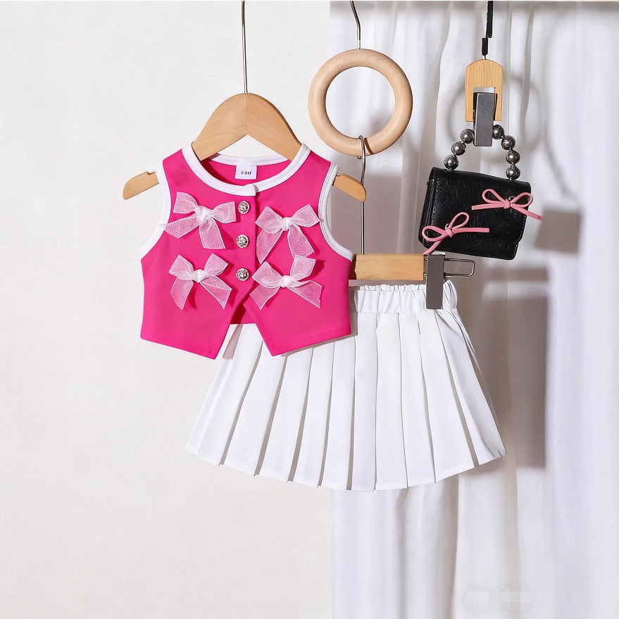 Comfortable Fashion Bow Vest Pleated Skirt Children's Suit