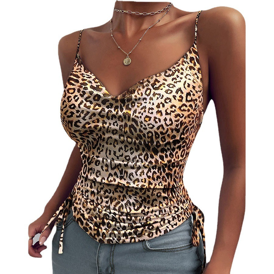 Women's Printed Camisole Solid Color Deep Strap Tight Drawstring Small Vest/suspenders/tube Top