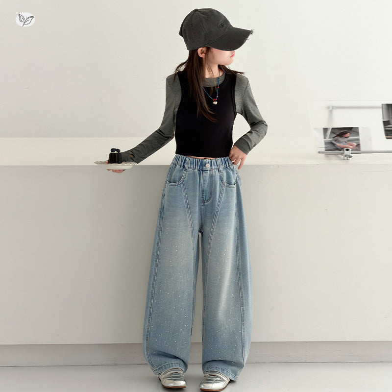 Children's Trousers Fashion Rhinestone Jeans Stitching Casual Children's Pants