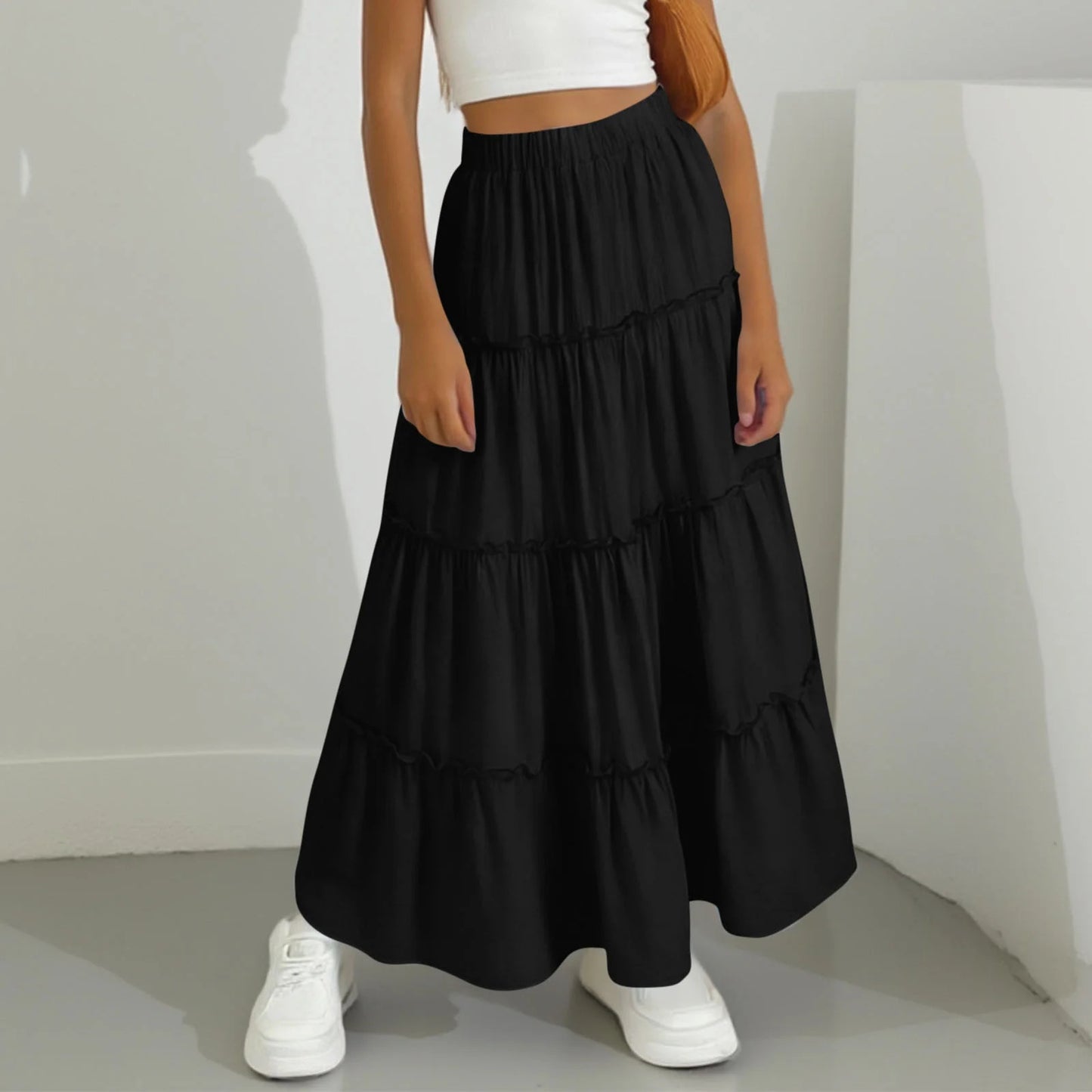 Women's Pleated Long A- Line Double Rounds Lined Skirt