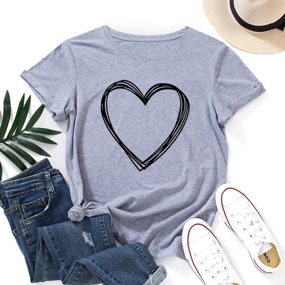Women's Creative Heart Printed Loose Round Neck Women's T-shirt