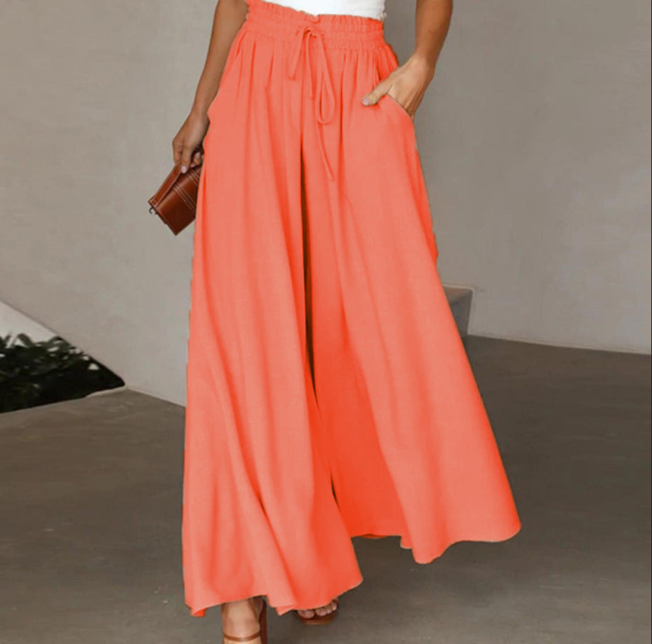 Women's Summer Elastic Waistband Wide Leg High Waist Long Culottes Casual Pants