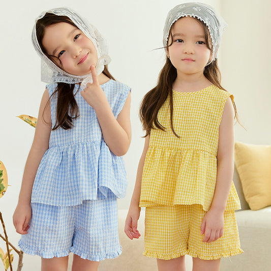Children's Summer Korean Plaid Sleeveless Two-piece Casual Fashion Short Children's Suit