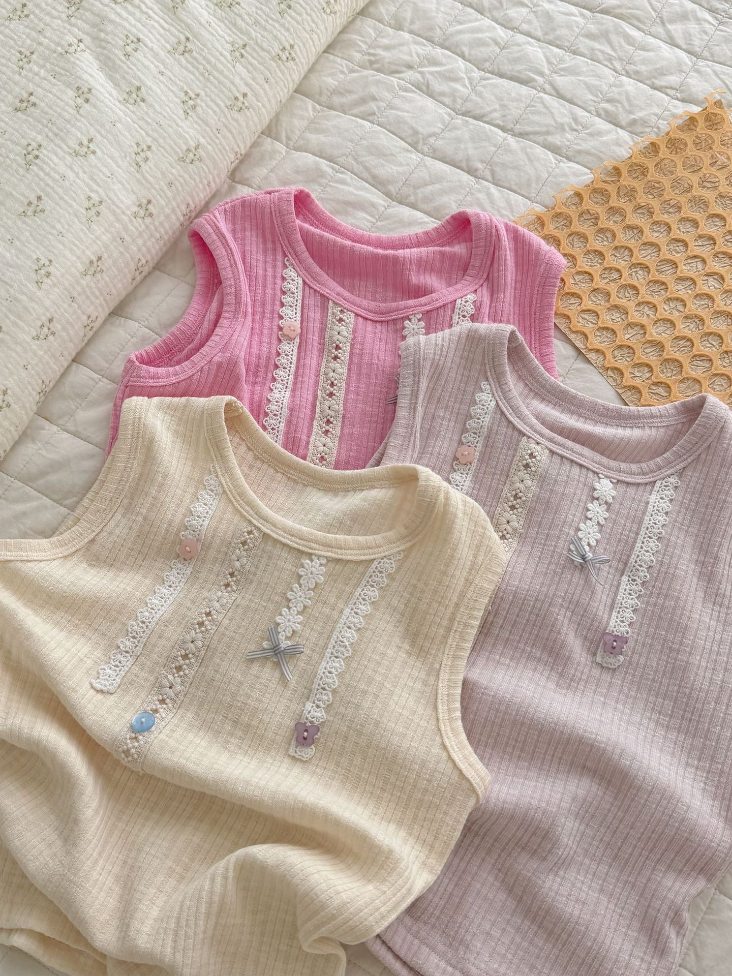Children's Bassa Bamboo Joint Sunken Stripe Exquisite Cotton Lace Color Children's T-shirt