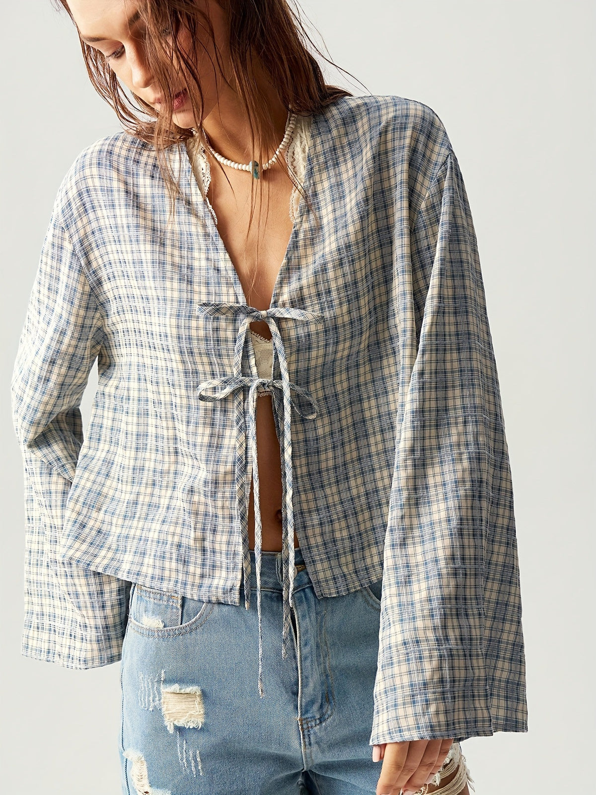 Women's American Retro Plaid Shirt Collar Flared Sleeve Blouse