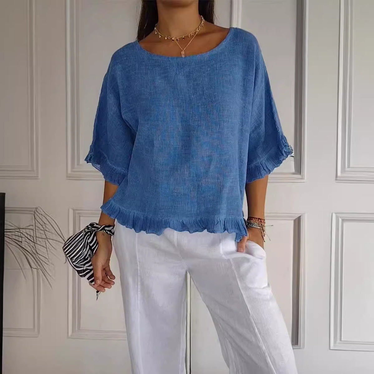 Women's Sleeve Stringy Seedge Round Neck Cotton Linen Solid Color Loose Shorts