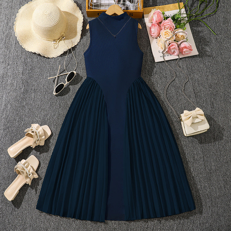 Fashion Stand Collar Elegant Pleated Patchwork Children's Dress
