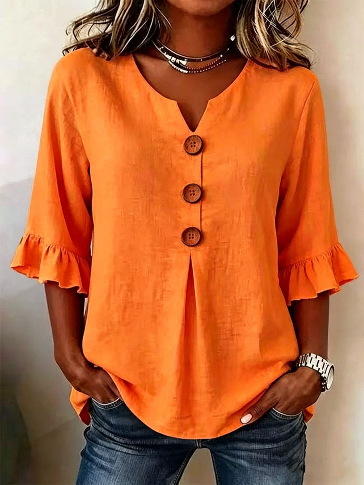 Women's Summer Buttons Ruffled Half Sleeves Loose Blouses