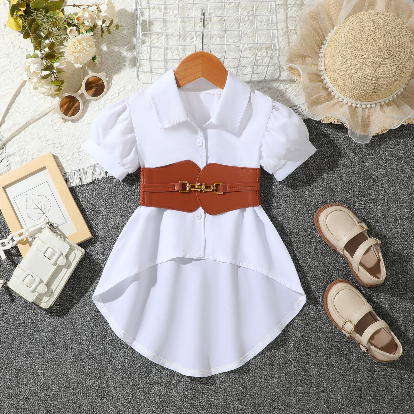 Lantern Short Sleeve Lapel Loose Single-breasted A- Line Shirt Children's Suit