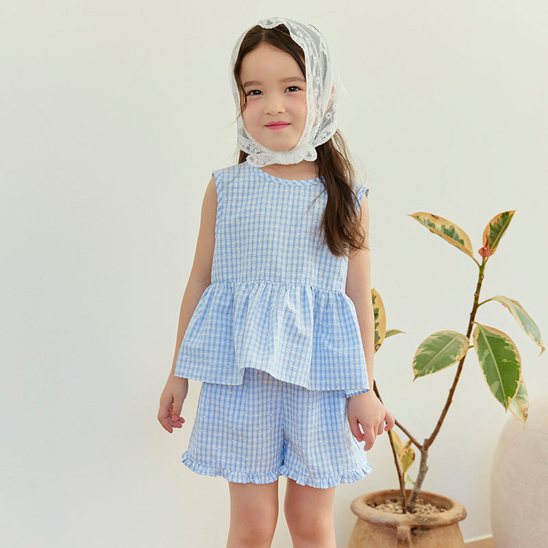 Children's Summer Korean Plaid Sleeveless Two-piece Casual Fashion Short Children's Suit