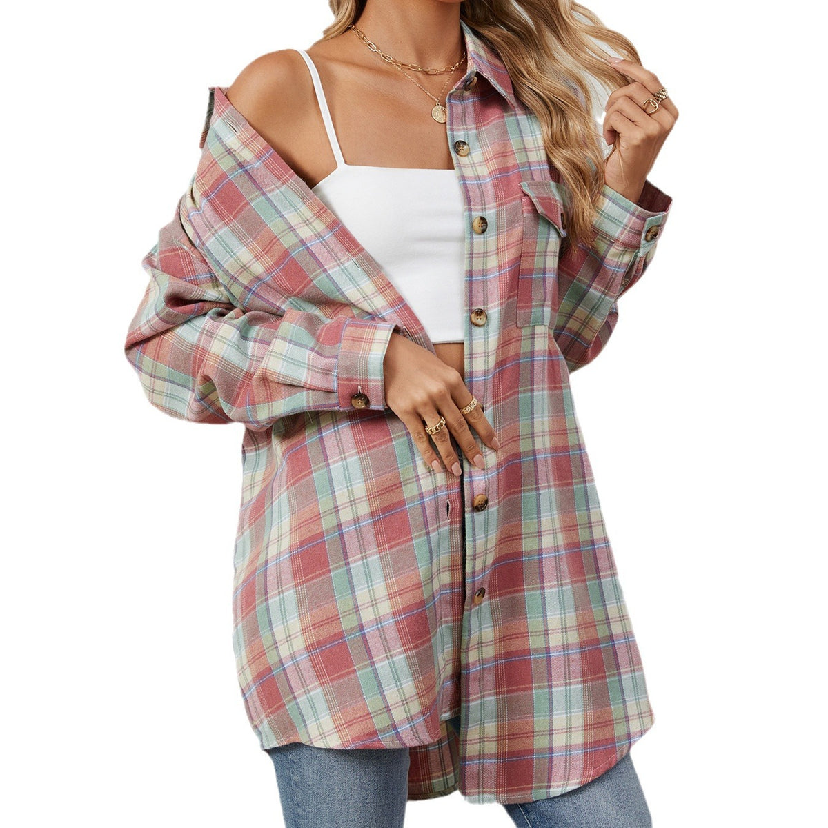 Style Plaid Shirt Brushed Long Sleeve Blouse