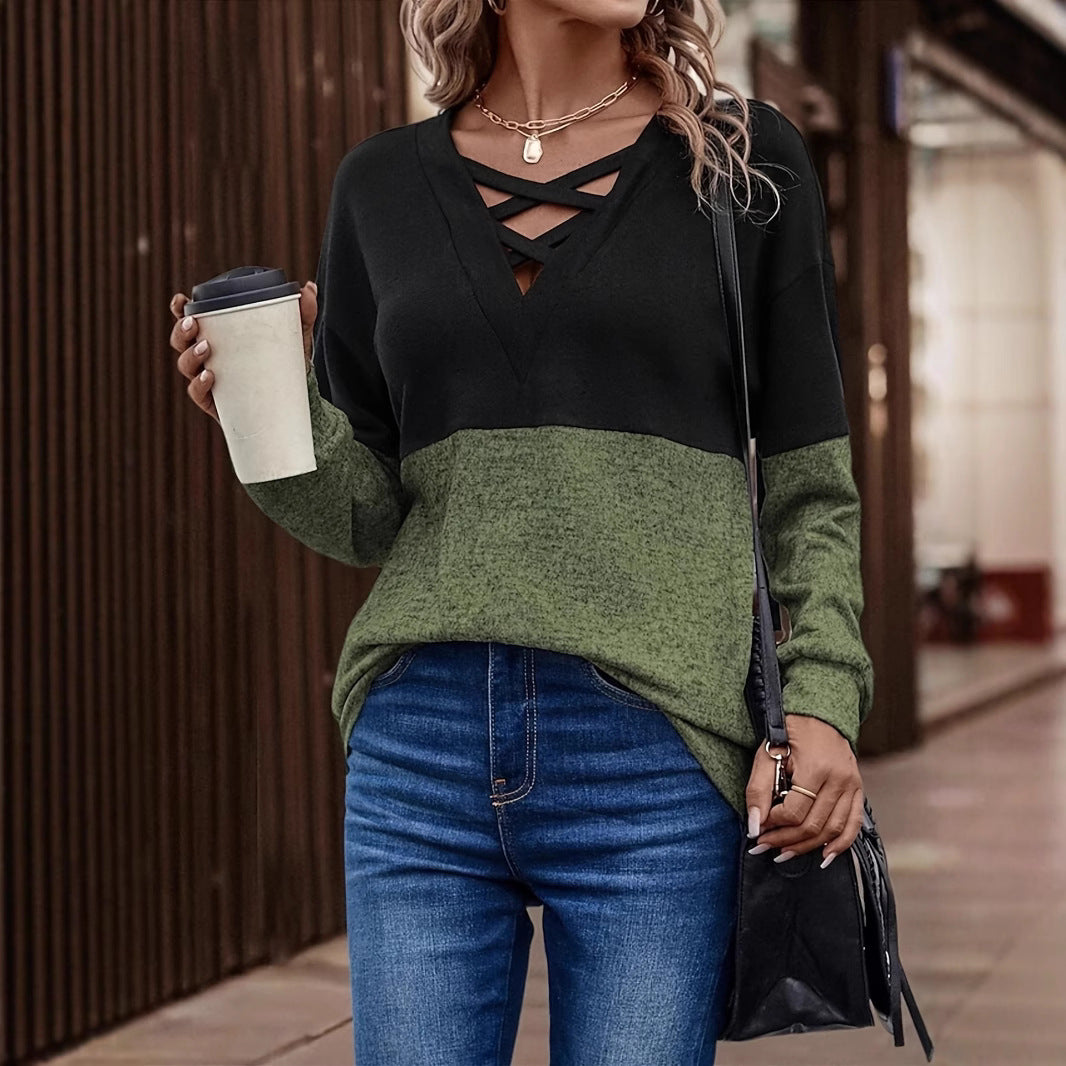 Women's Half Sleeve Cross Color Contrast Patchwork Women's T-shirt