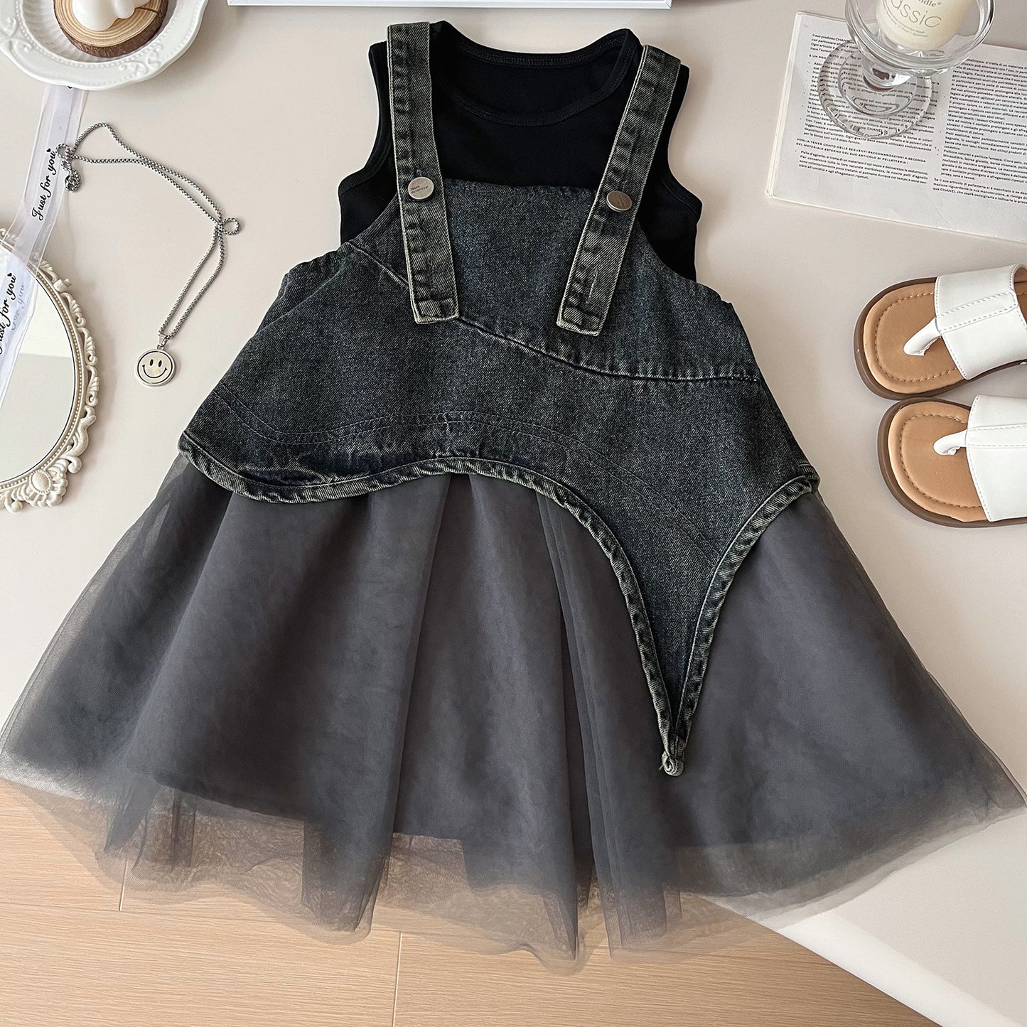 Korean Style Denim Mesh Two-piece Cute Children's Dress