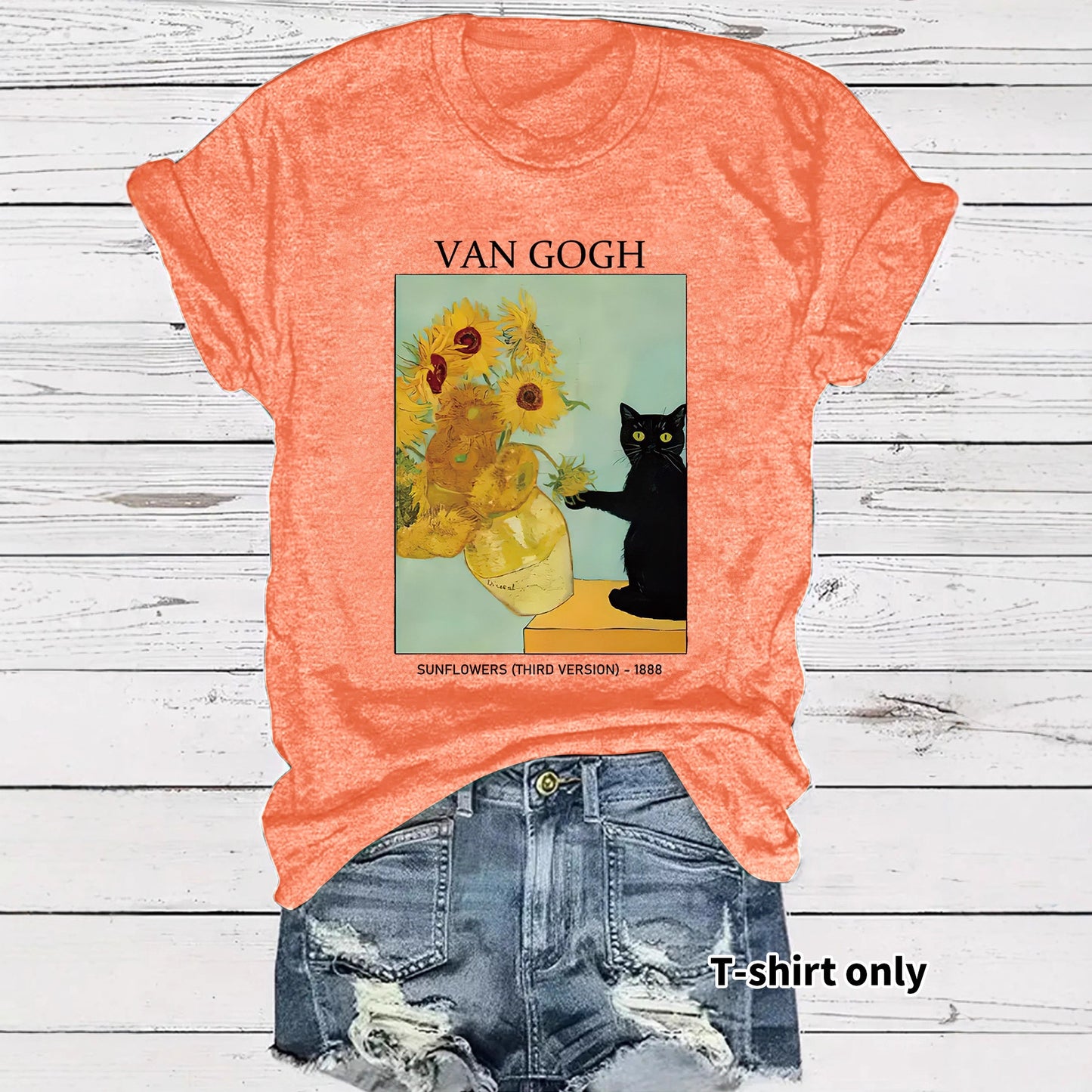 Women's Van Gogh Sunflower Cat Art Print Loose Casual Round Neck Women's T-shirt