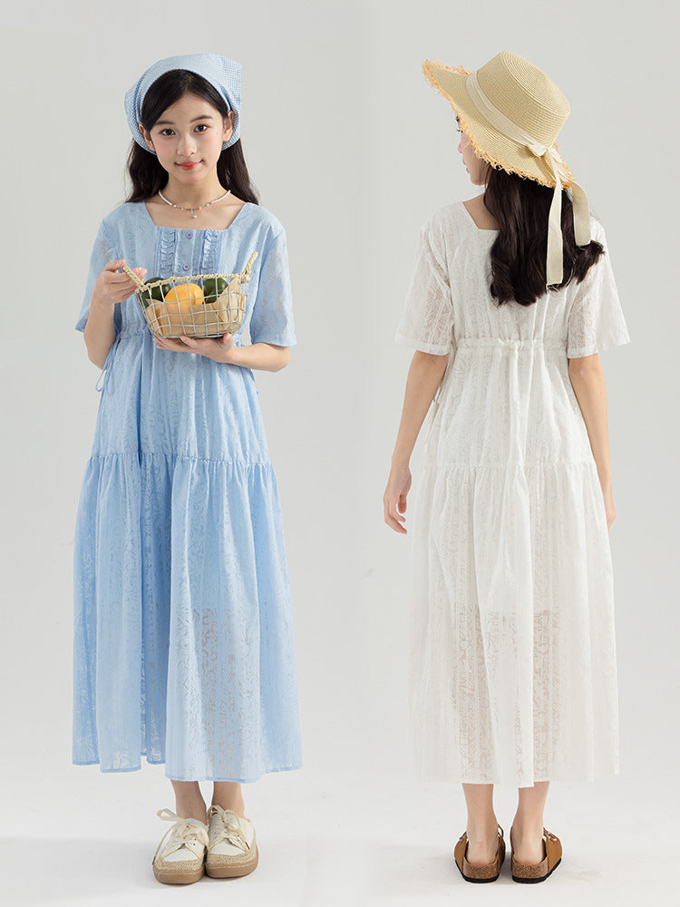 Large Summer French Square Collar Loose Artistic Mori Style Mid-length Children's Dress