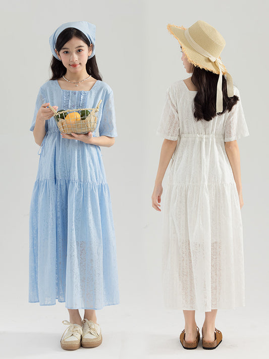 Large Summer French Square Collar Loose Artistic Mori Style Mid-length Children's Dress