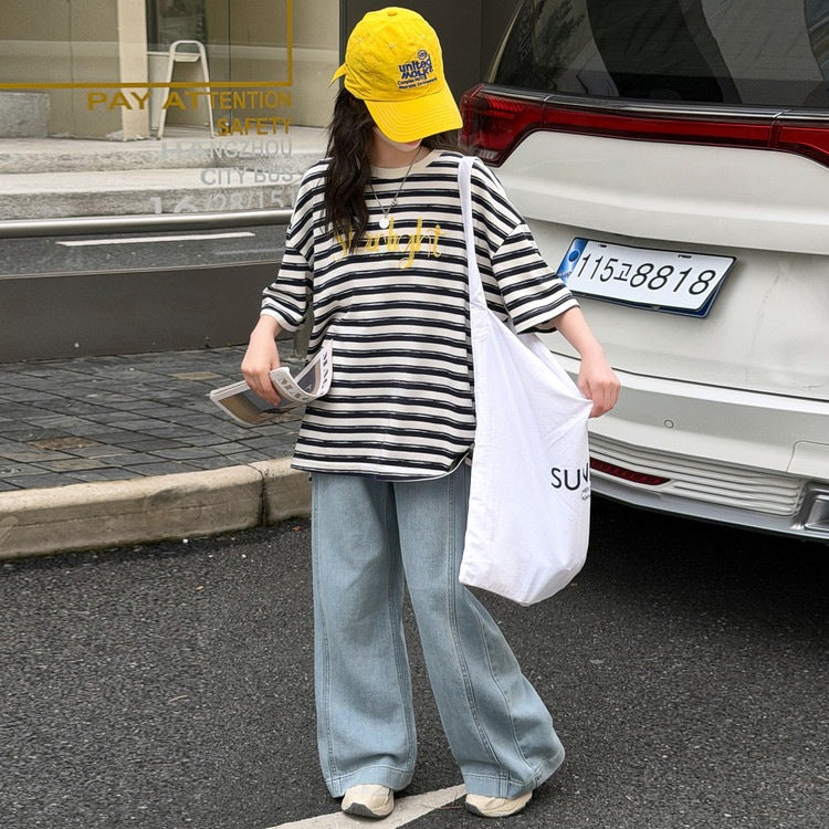 Children's Casual Summer Medium Large Striped Letters Short Sleeve Loose Half Children's Suit