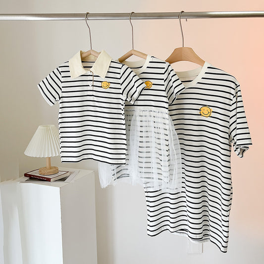 Clothes Summer Family Of Matching Striped Smiley Face Portrait Short Parent-child Outfit