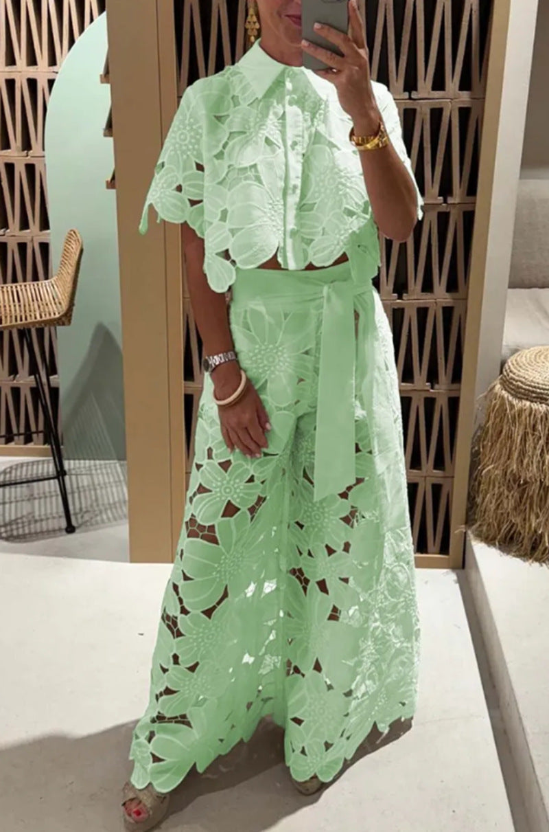 Women's Color Sexy Cutout Wide Leg Two-piece Cardigans