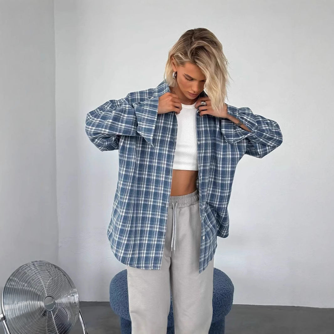 Women's Design Sense Niche American Retro Plaid Shirt Loose Long Blouse