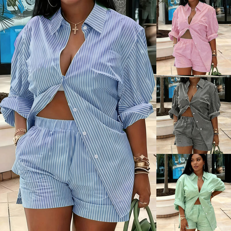 Women's Striped Shirt Outfit Loose Two-piece Set Fashion Casual Suit