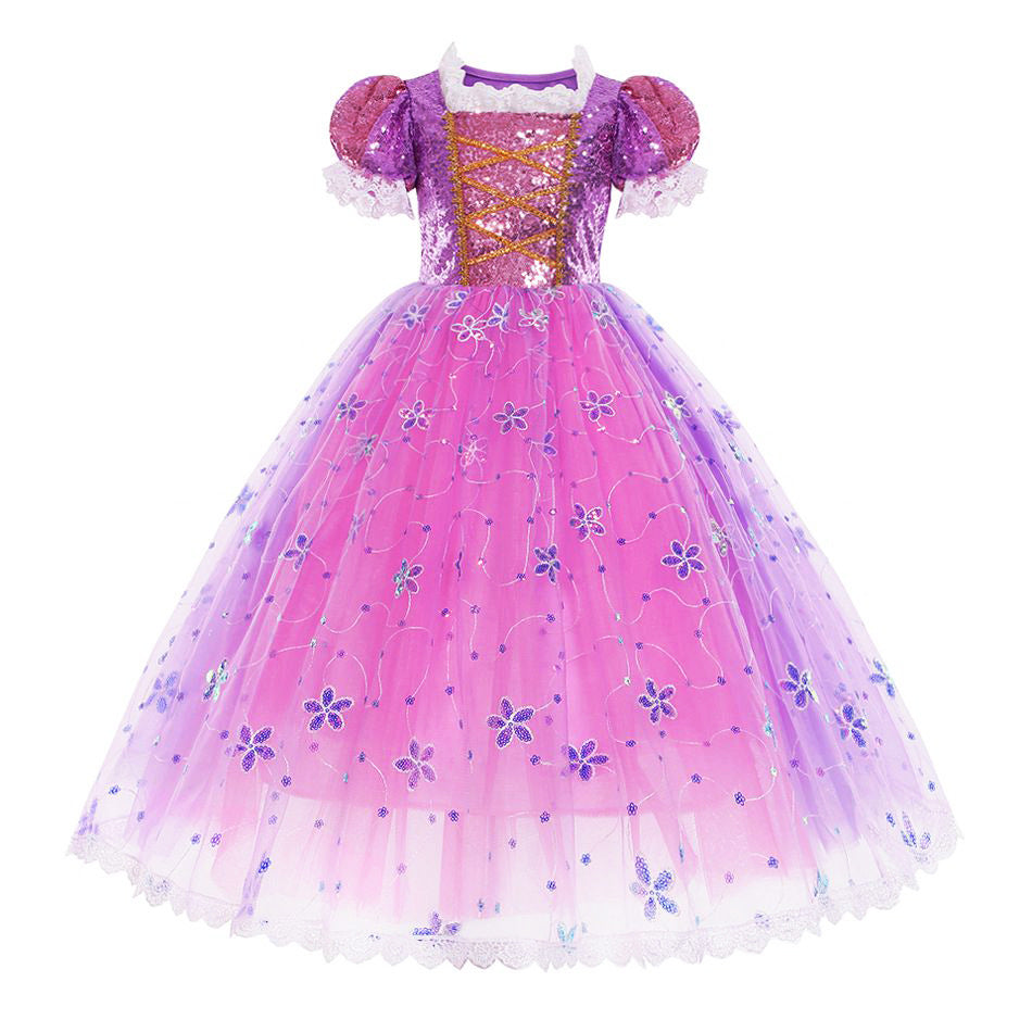 Children's Long Hair Princess Golden Big Bow Children's Dress