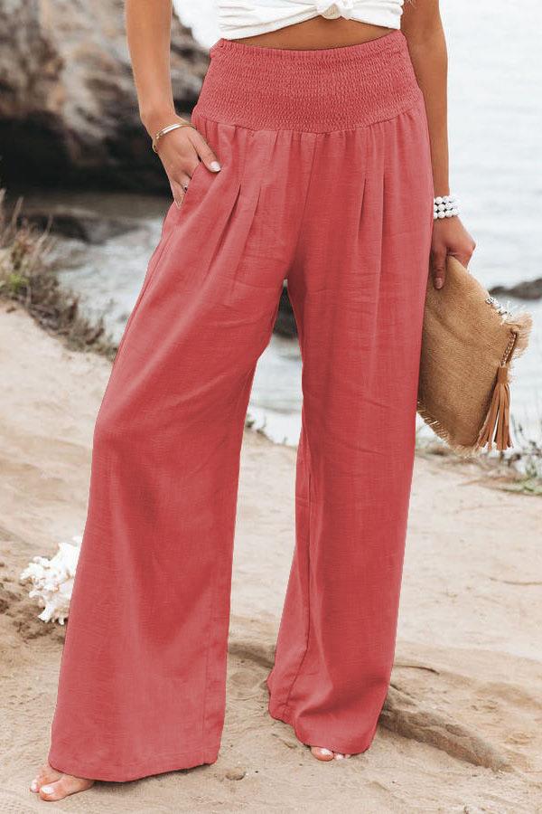 Women's Cotton Linen Pure Color Elastic Waist Wide Leg Casual Pants