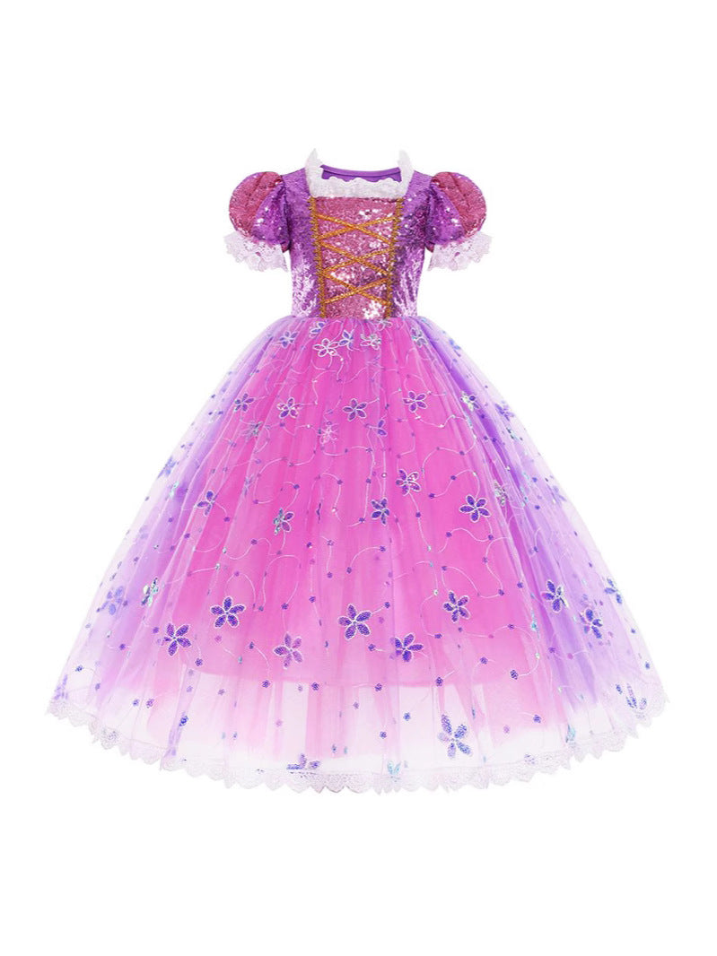 Children's Long Hair Princess Golden Big Bow Children's Dress