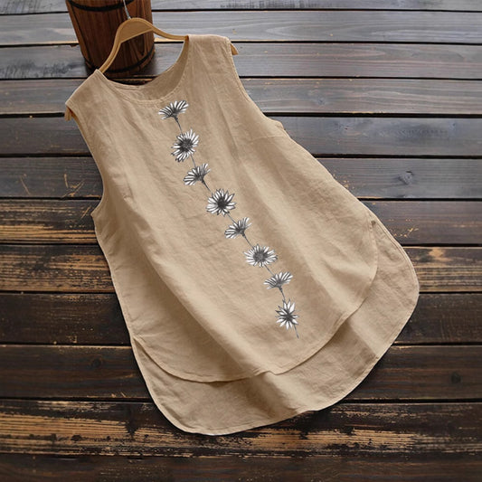 Women's Summer Daisy Print Sleeveless Round Neck Cotton Linen Small Vest/suspenders/tube Top