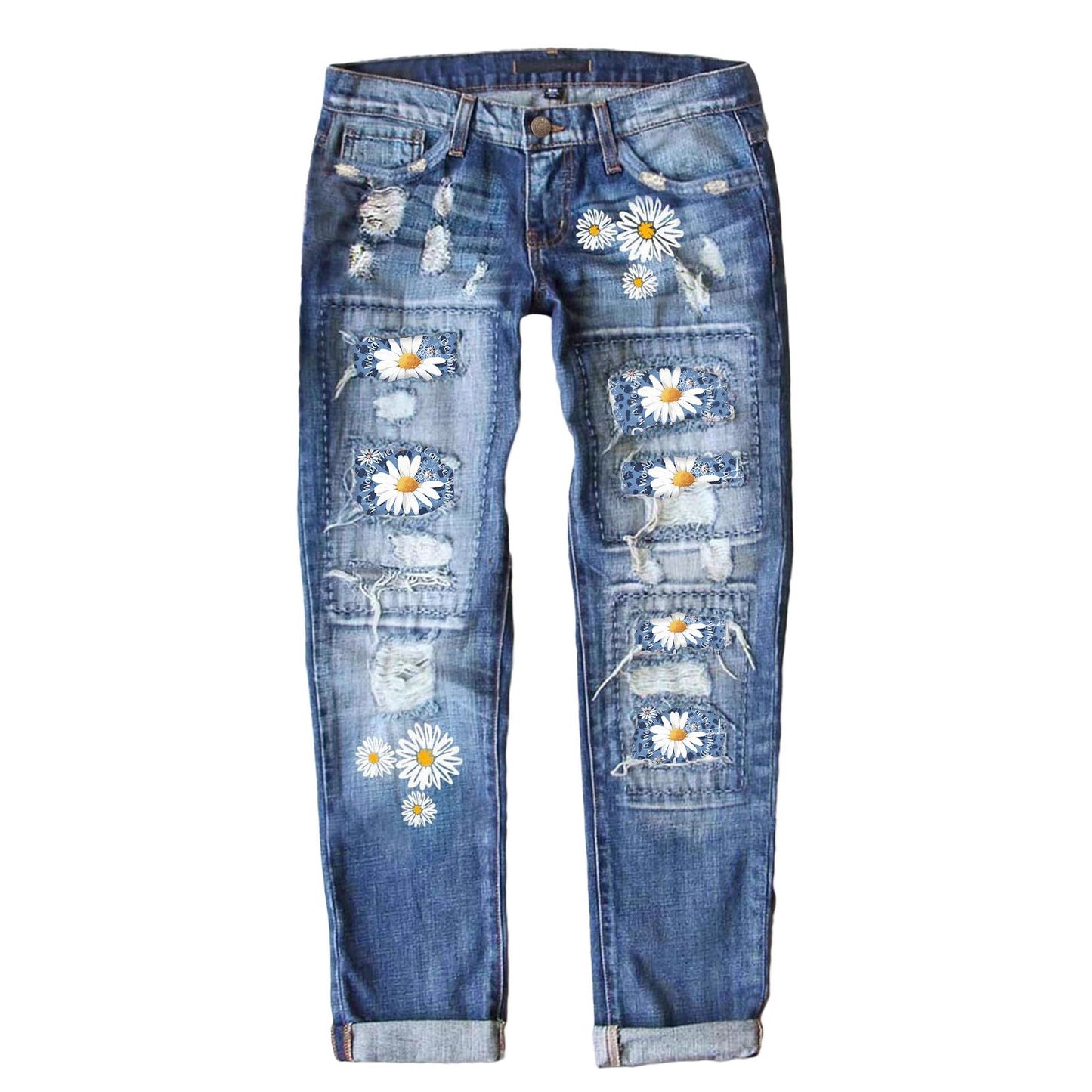 Women's Fashion Holes Printed Patch Straight Jeans