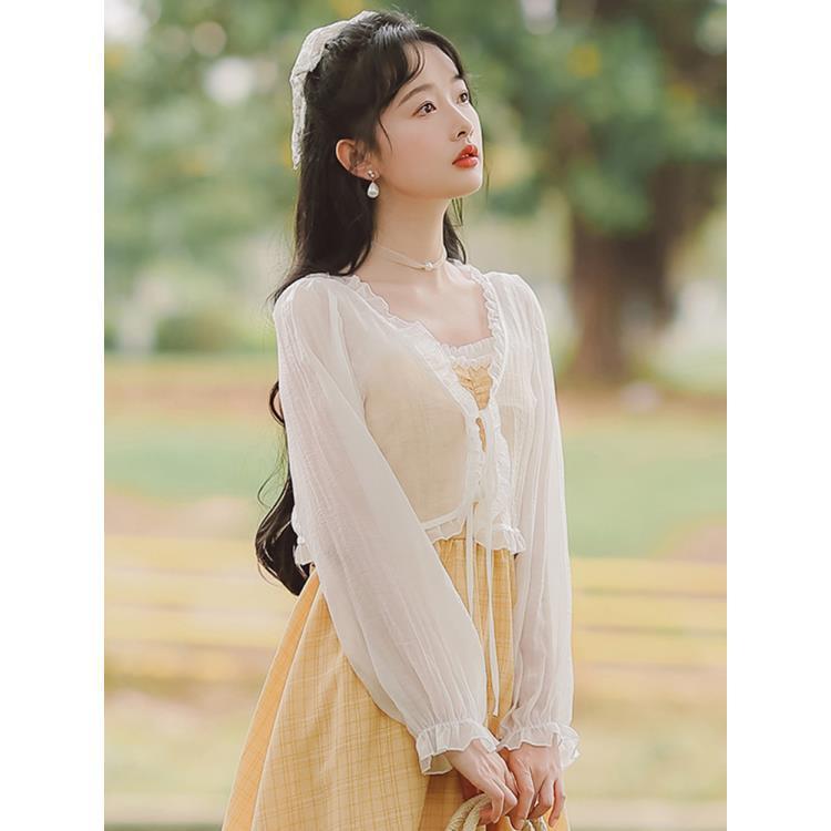 Women's Small With Suspenders Thin Shawl Outerwear Cover-up Lace Shirt, Chiffon Shirt