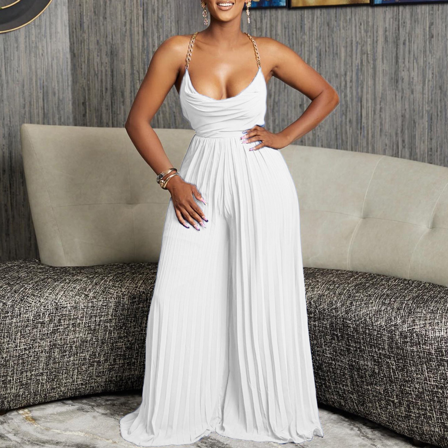 Fashion Sexy Chain On Neck High Waist Backless Wide Leg Casual Pants