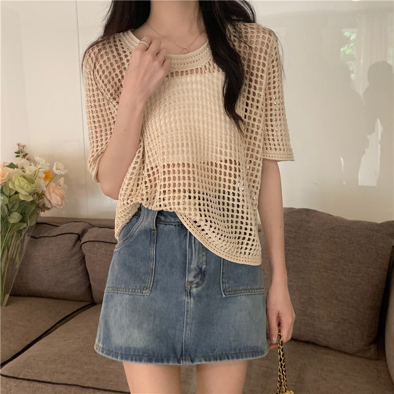 Women's Loose Sun Protection Shoulder Shirt Round Neck Mesh Hollow Women's T-shirt