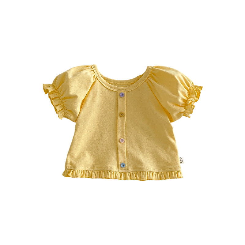 Children's Buckle Summer Clothes Thin Fashionable Korean Style Puff Children's T-shirt