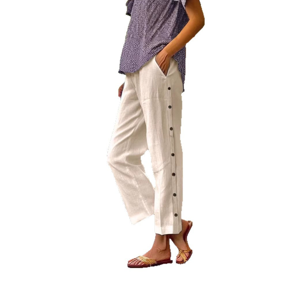 Holiday Slim Looking Cotton Linen Breathable Cropped Featured Fastener Casual Pants