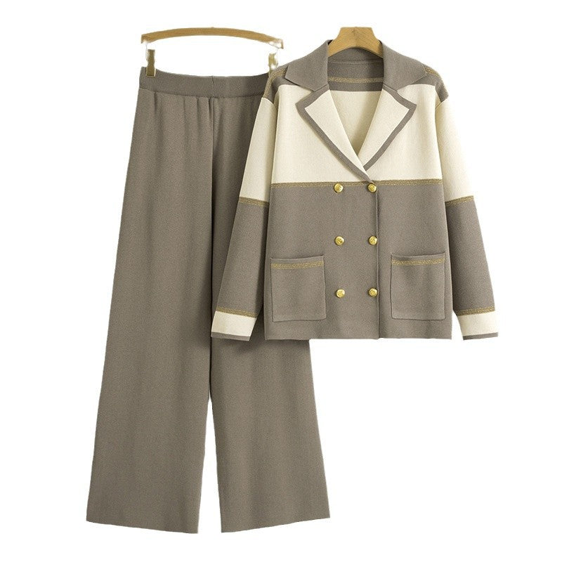 Women's Elegant Collar Double-breasted Knitted Wide Leg Two-piece Fashion Casual Suit