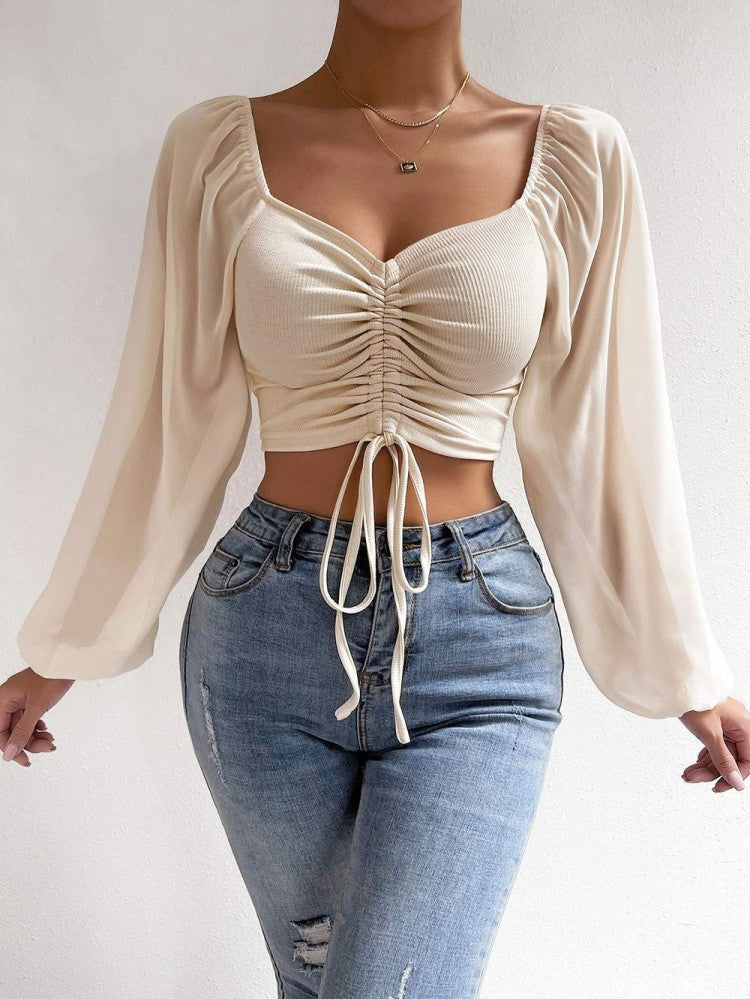 Women's Summer Chiffon Drawstring Lantern Sleeve Skinny Fashion Tops