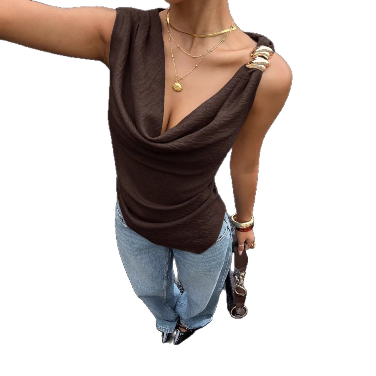 Women's Summer Pile Collar Metal Decorative Sleeveless Small Vest/suspenders/tube Top