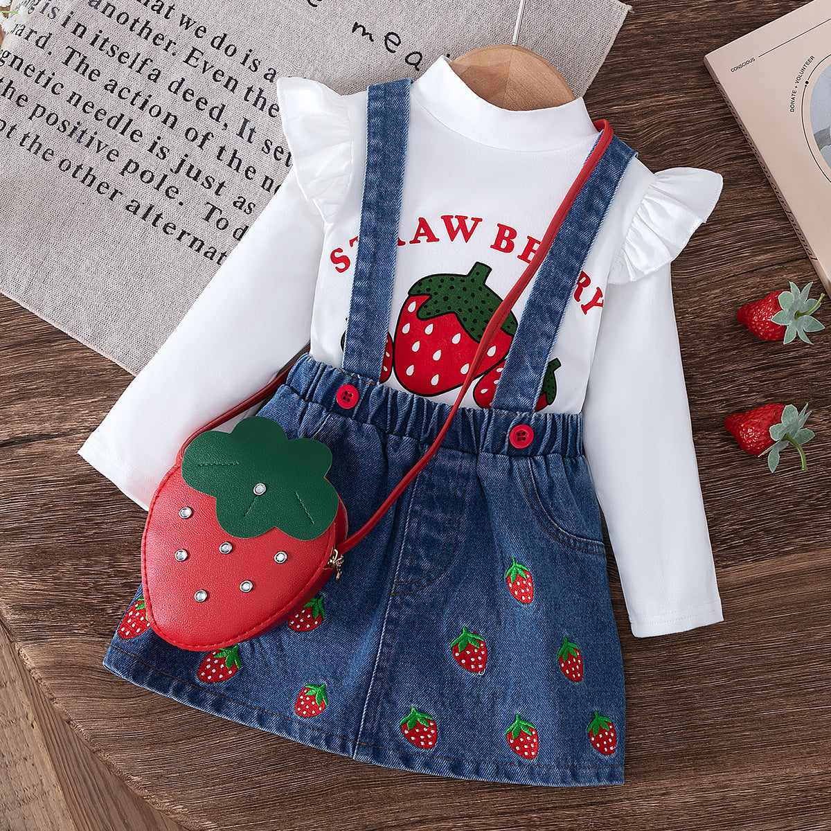 Flounced Sleeve Printed Top Strap Embroidered Denim Skirt With Children's Suit